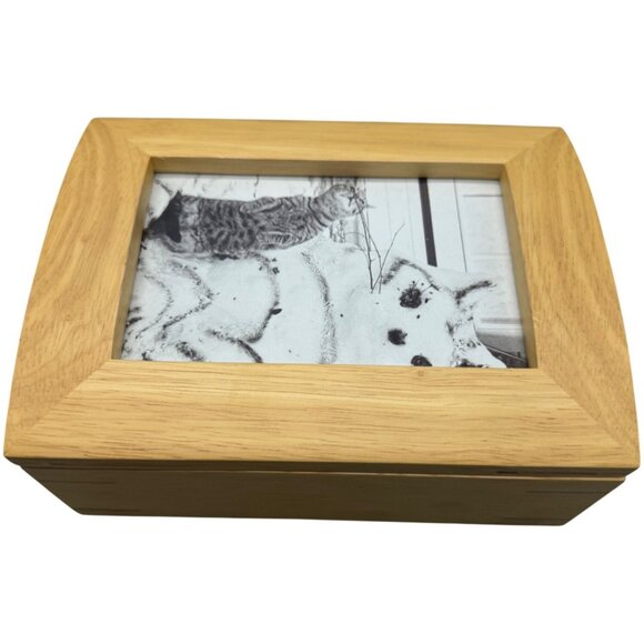 Wooden Memory Box With Picture Frame Lid & Hinged Top trinket jewelry 8x6" READ - Picture 1 of 9